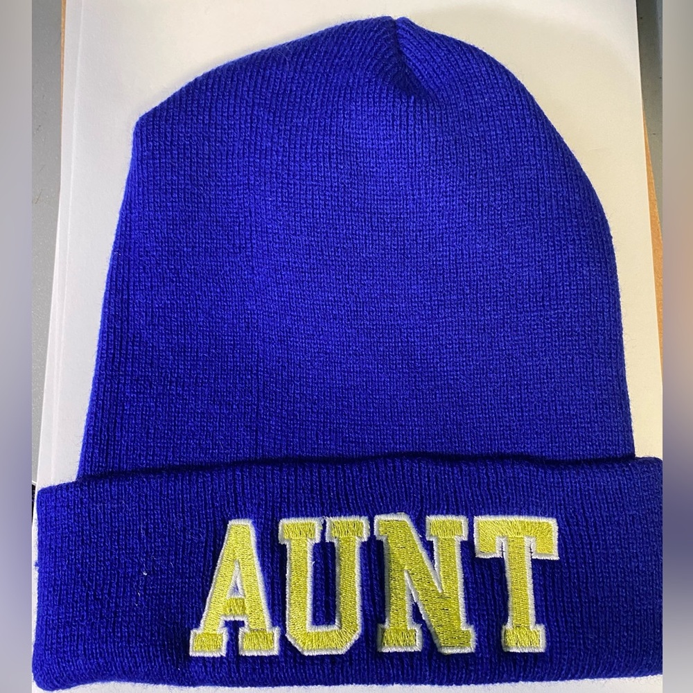 NWT Yupoong Cuffed Beanie - 1501KC, Custom Embroidered Aunt on 1 side/Lo on back